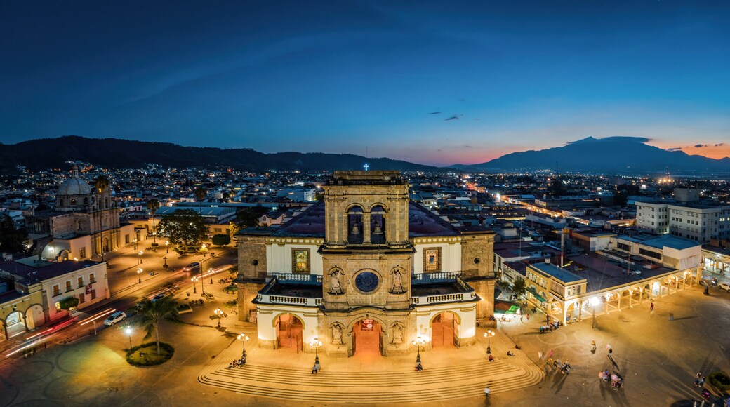 Aerial fisheye view of the San Jose cathedral at night in Ciudad Guzman, Jalisco, Mexico