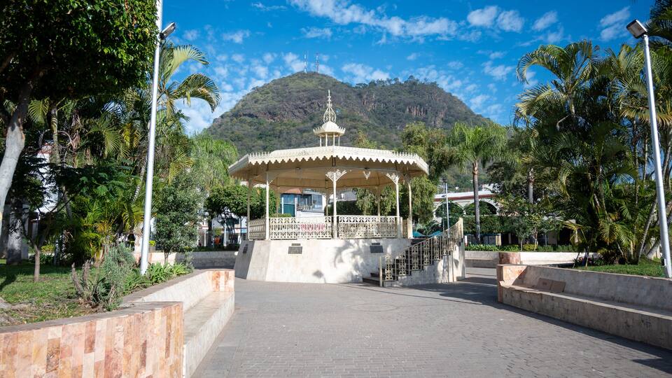 A gazebo with a decorative roof, surrounded by palm trees and a mountain in the background.
