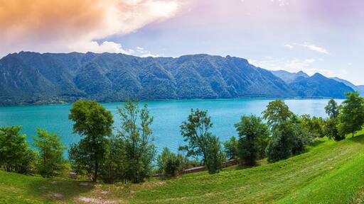 Sightseeing at the beautiful landscape of lake Idro Rocca d'Anfo Italy, ruins of a old bunker panorama.