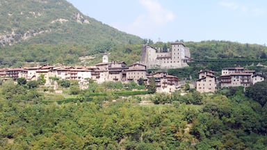 A hillside village with traditional buildings and a prominent castle-like structure.