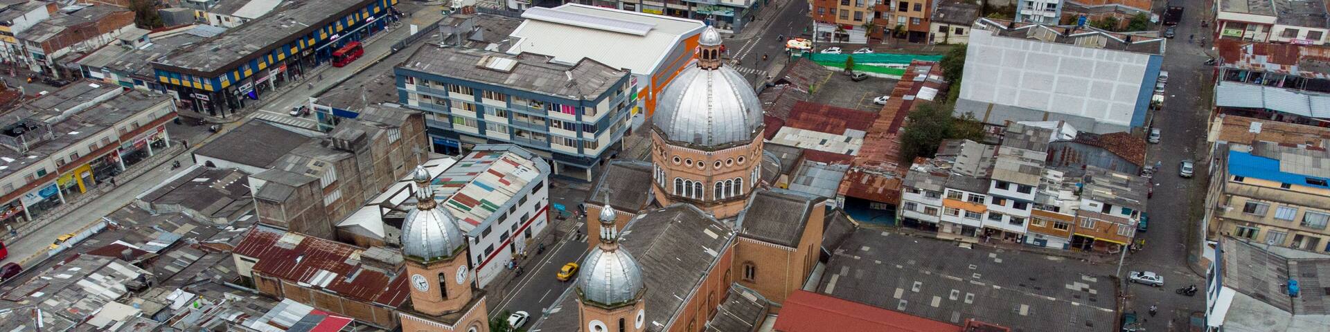 Aerial view of the San Francisco de Asís church in the city of Armenia, Quindío, Colombia