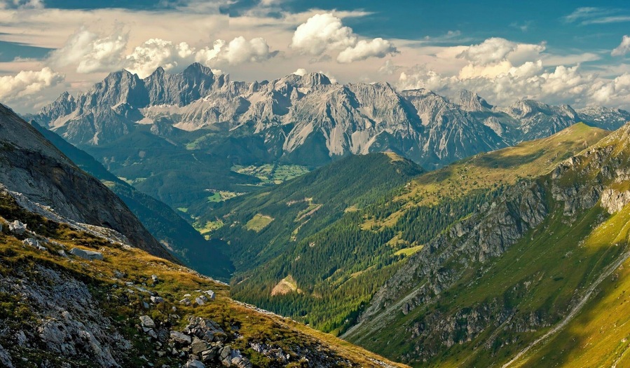 August 2011
Hoher Dachstein massif, Austria
View of the massif of Hoher Dachstein from south through Preunegg pass on the way to Giglachsee lakes in Schladminger Tauern.
Dachstein is a mighty karstic limestone range of ca. 20x30 km belonging to Northern Limestone Alps and has dozens of peaks higher than 2.500 metres. From south it has a prominence of more than 2.000 meters and descends steeply to valley of river Enns with city of Schladming. On its north side there are the most northern and most eastern glaciers of Alps. The top summit of Hoher Dachstein has altitude of 2.995 metres.