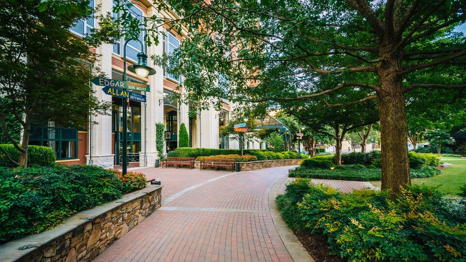 Walkway and buildings at The Green in Uptown Charlotte, North Ca