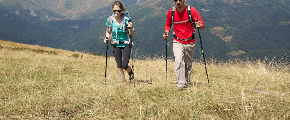 Two hikers on a grassy hill with mountains in the background.