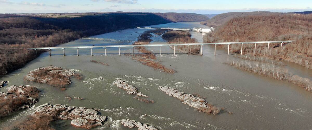 Aerial view Norman-wood Bridge over the Susquehanna river in Holtwood PA