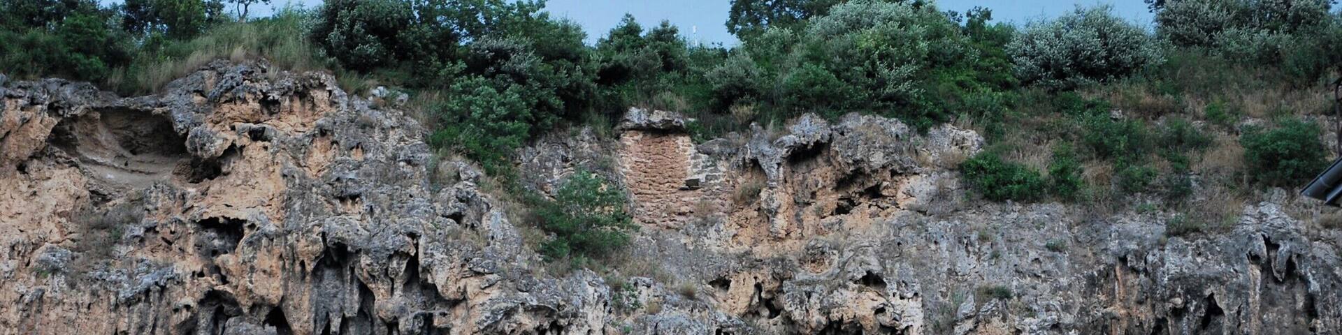 A rugged cliff with ancient ruins and vegetation.
