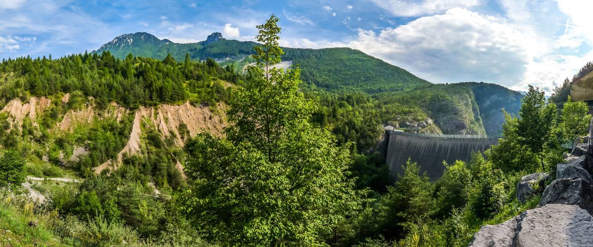 A mountainous landscape with dense forests and a dam.