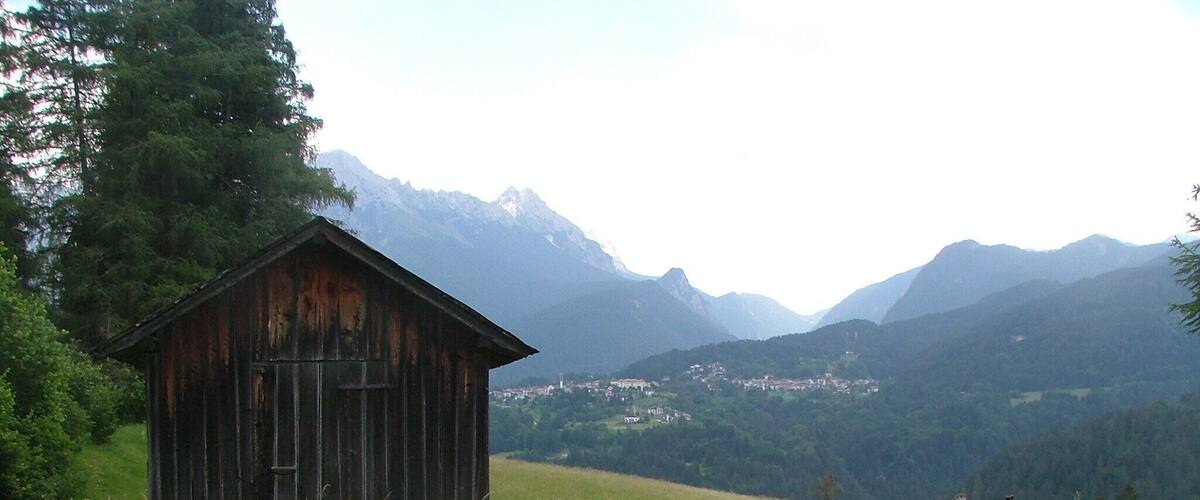 A rustic wooden cabin in a grassy field with mountains in the background.