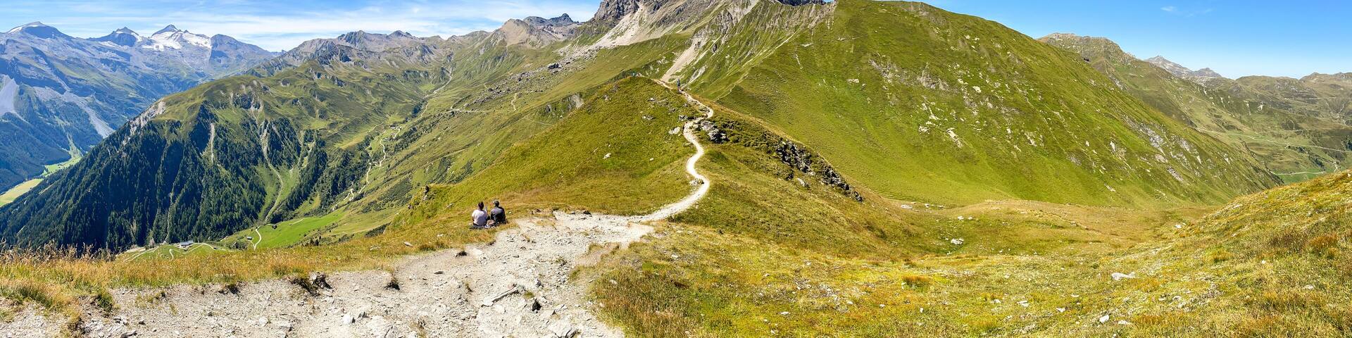 Panoramic view of a hiking trail through the Austrian Alps in the high mountains of the Zillertal near the Tux Glacier in summer, Tirol Austria Europe