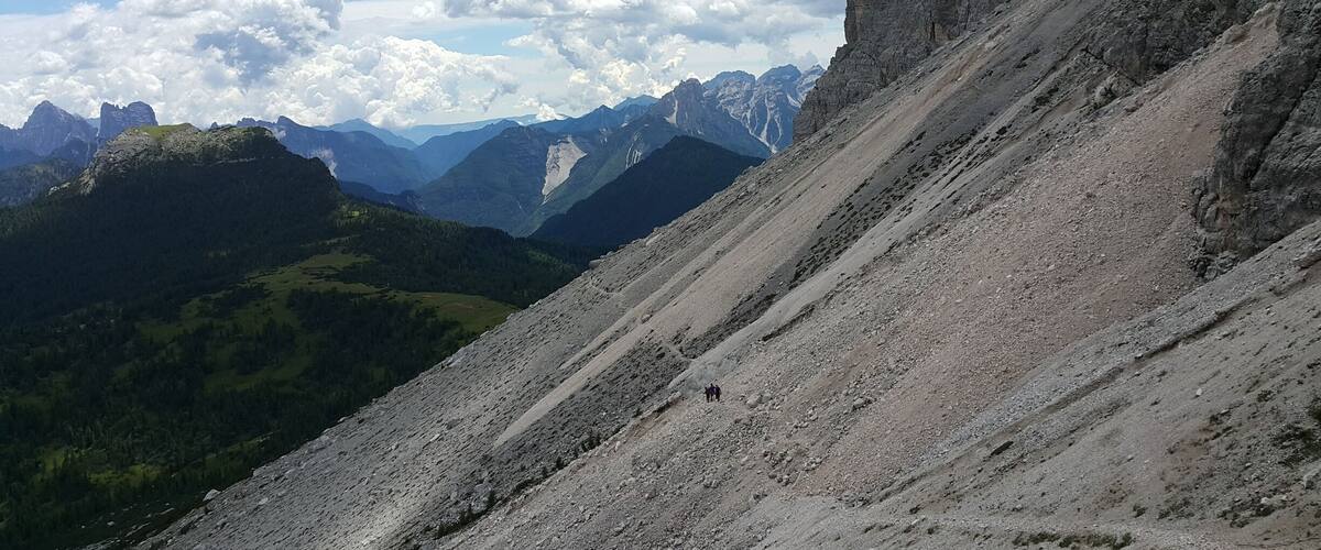 There is pelmo mountain in hiking course alta via 1 in belluno Italia.
This picture was taken on the road number 480 from forc D'arcia to rif venezia