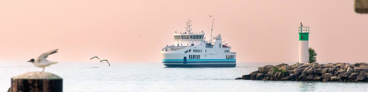 A ferry arrives at a Canadian port on Lake Erie.