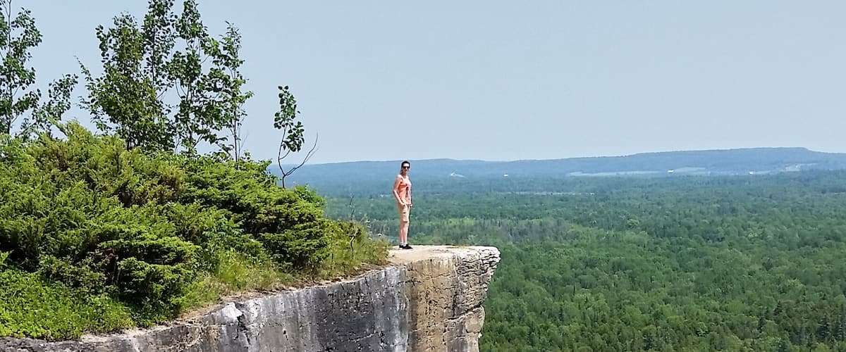 A person standing on a cliff edge with a forested valley below.