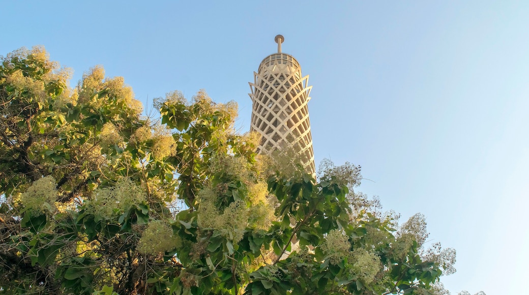 Cairo Tower surrounded by foliage, a television tower in the modern district of Zamalek