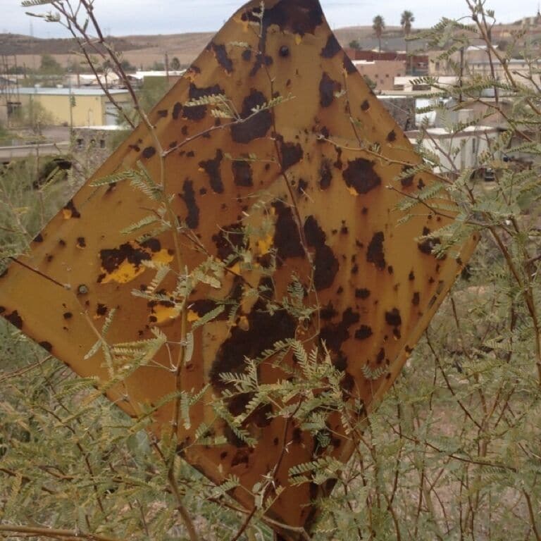 Old road sign at the west end of the old Highway 60 in Superior. You can barely make it out, but it says the road curves to the right. 