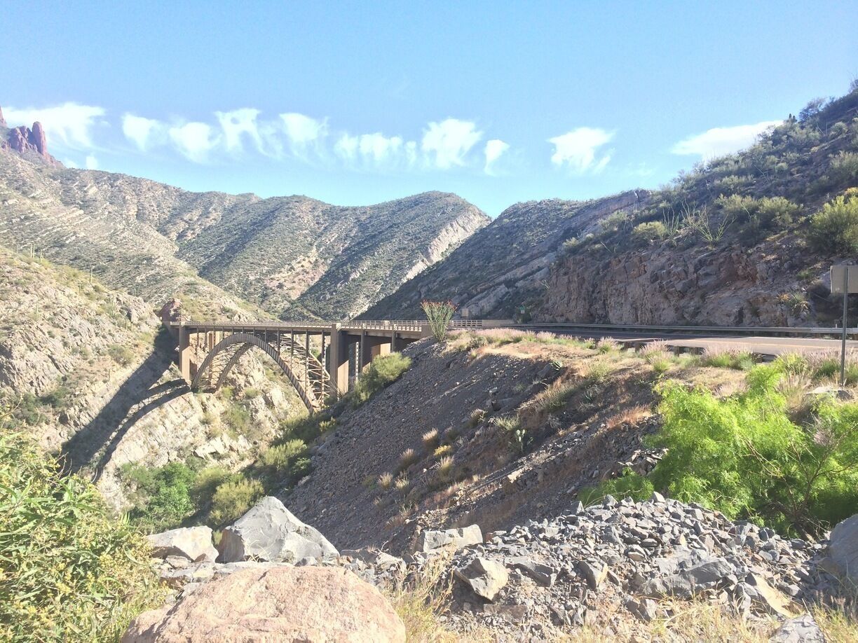 The bridge across the canyon, were you can find the old Route 60 at the bottom. If you look dead center, there is one splash of color. It's been a dry winter. Normally the wild flowers are all over the place. 