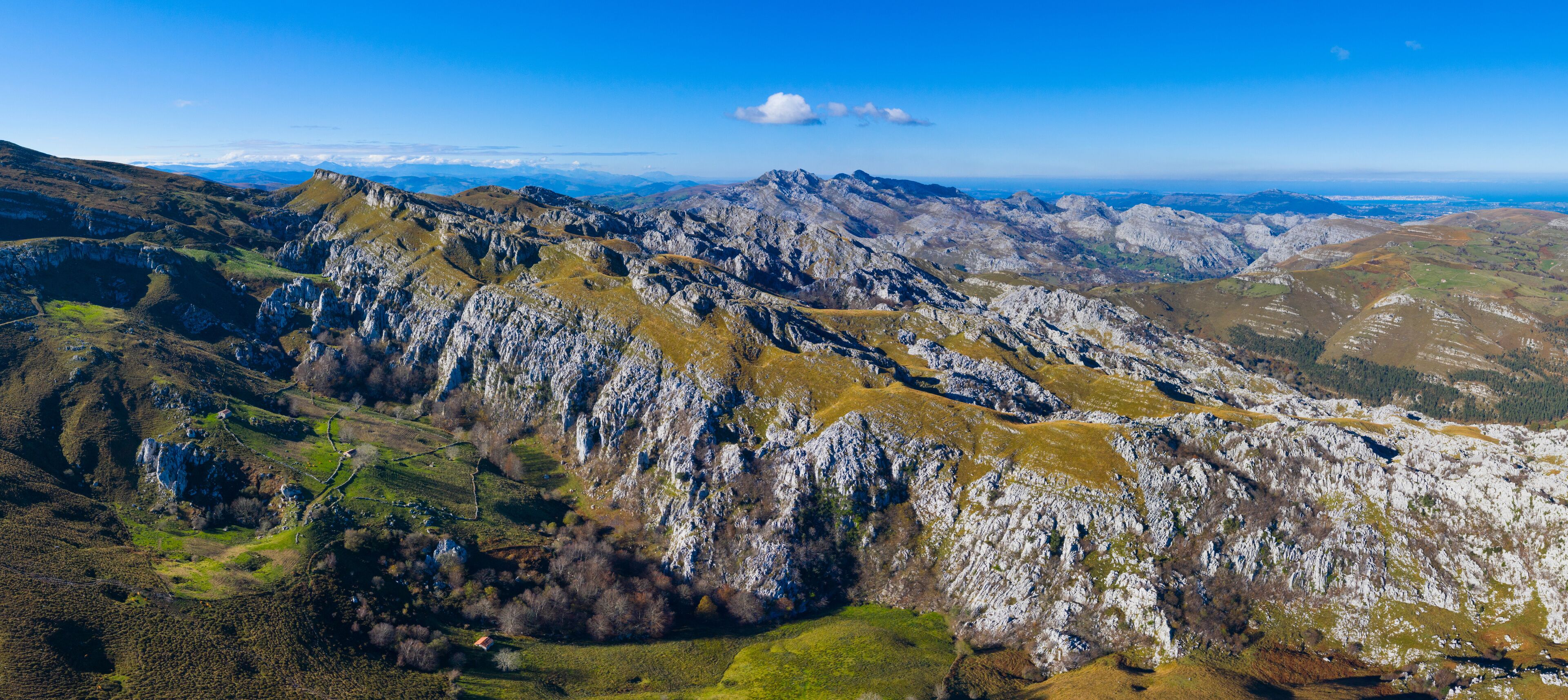 View from Los Machucos o Colláu Espina, communicates the villages of Bustablado and San Roque de Riomiera. Valles Pasiegos, Cantabria, Spain, Europe
