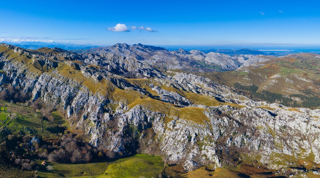 View from Los Machucos o Colláu Espina, communicates the villages of Bustablado and San Roque de Riomiera. Valles Pasiegos, Cantabria, Spain, Europe