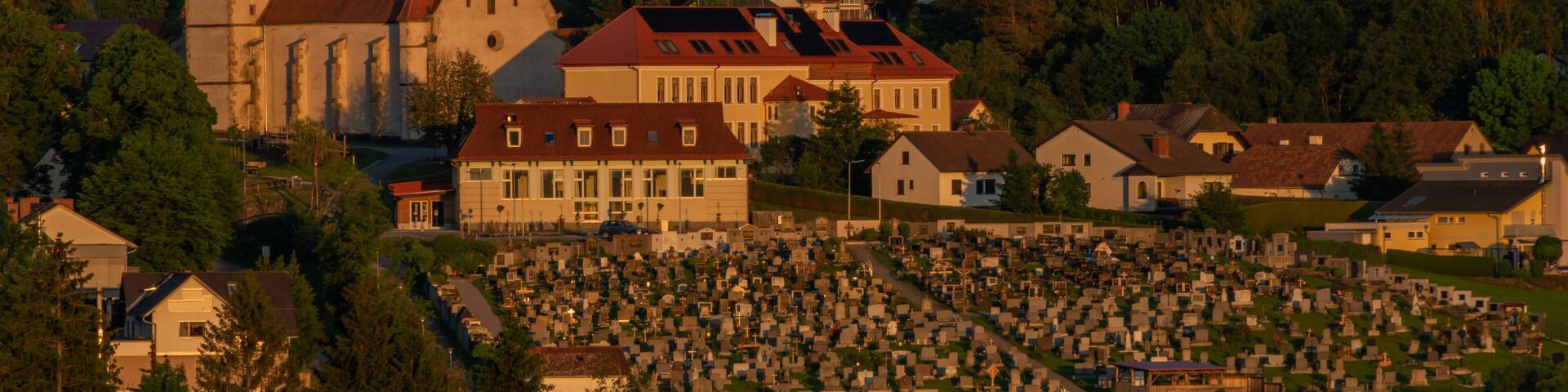 Semriach village with Schockl hill over in sunset sunny evening