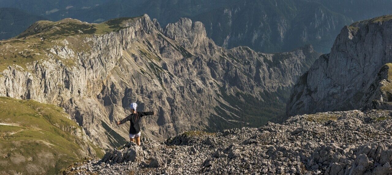 June 2010 

Hochschwab, Styria, Austria 

View south from Hochschwab summit (2.277 m) towards the Trawiestal valley (some 1.000 meter bellow). The opposite wall is called Gschirrmauer and the meadow is Hinterwiesen with Karlhochkogel (2.096 m).