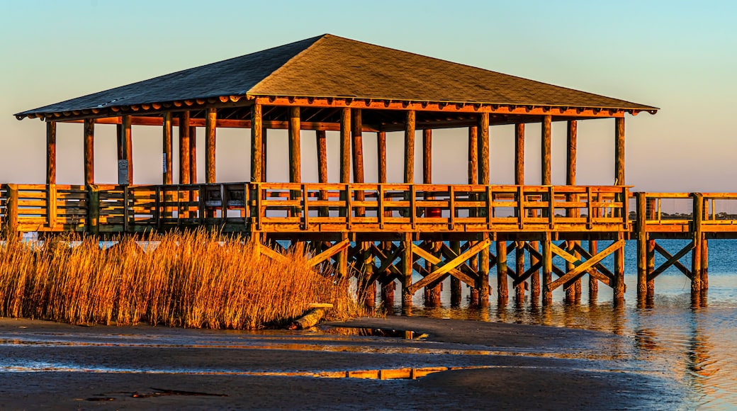 Pier plus covered picnic areas on the Gulf in Long Beach Mississippi area, late light.