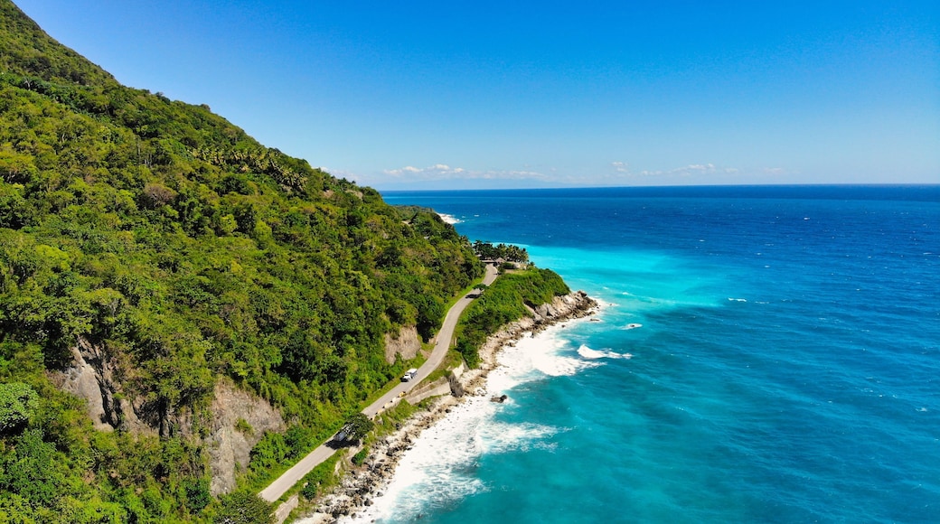 A coastal road winding along a cliffside with turquoise waters and dense greenery.