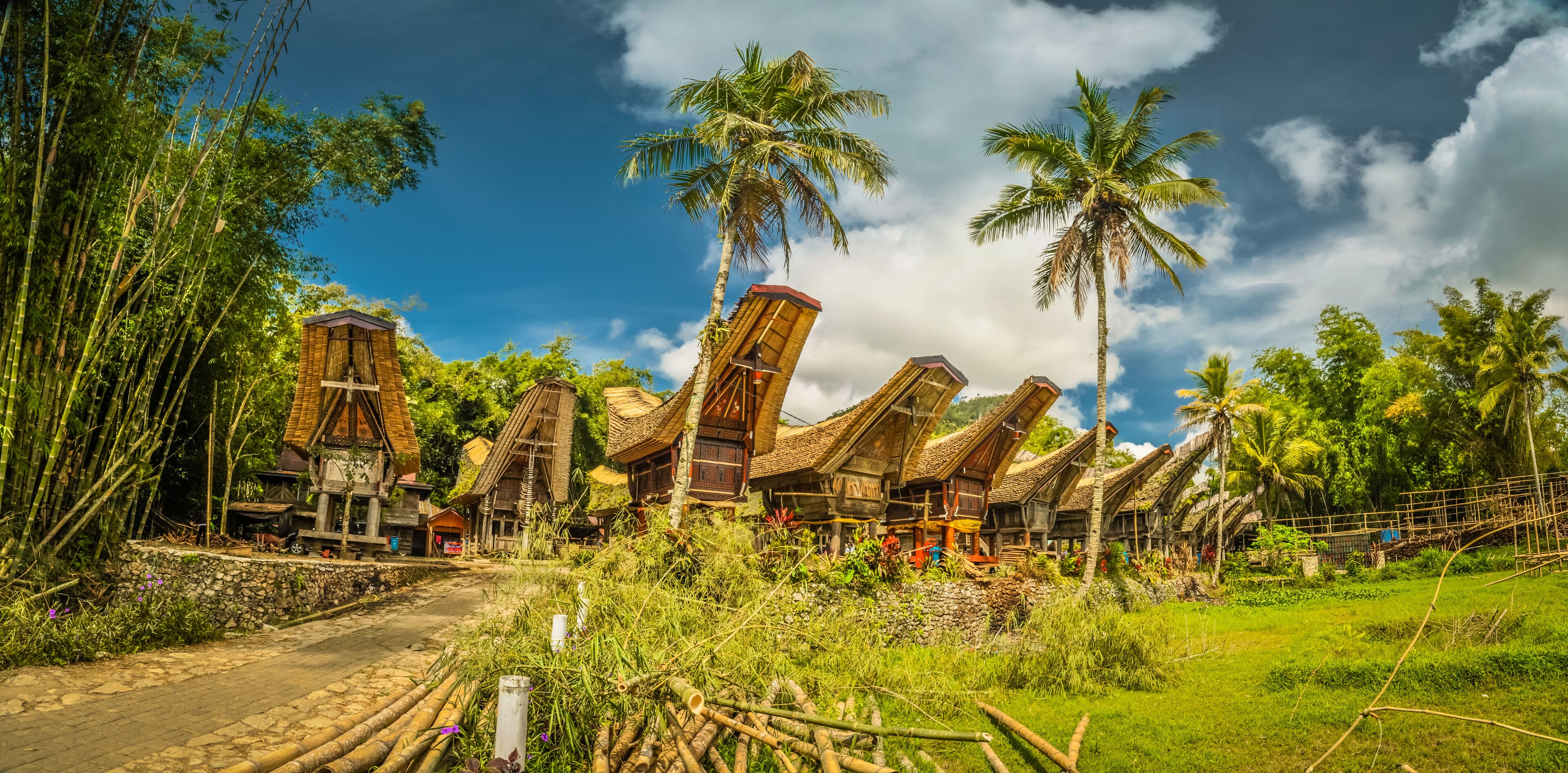 Traditional bamboo houses with steep roofs, surrounded by lush greenery and palm trees.