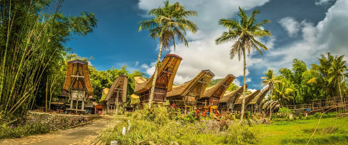 Traditional bamboo houses with steep roofs, surrounded by lush greenery and palm trees.