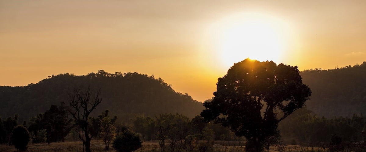 A sunset over a hilly landscape with trees silhouetted against the sky.