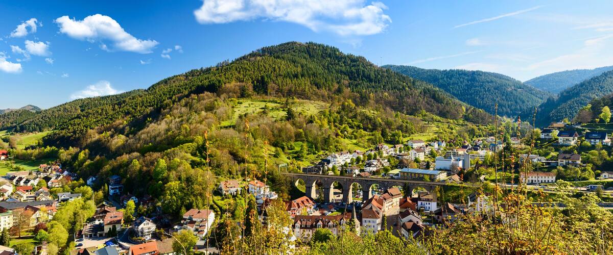 A town nestled in a valley with a prominent bridge and lush green hills in the background.