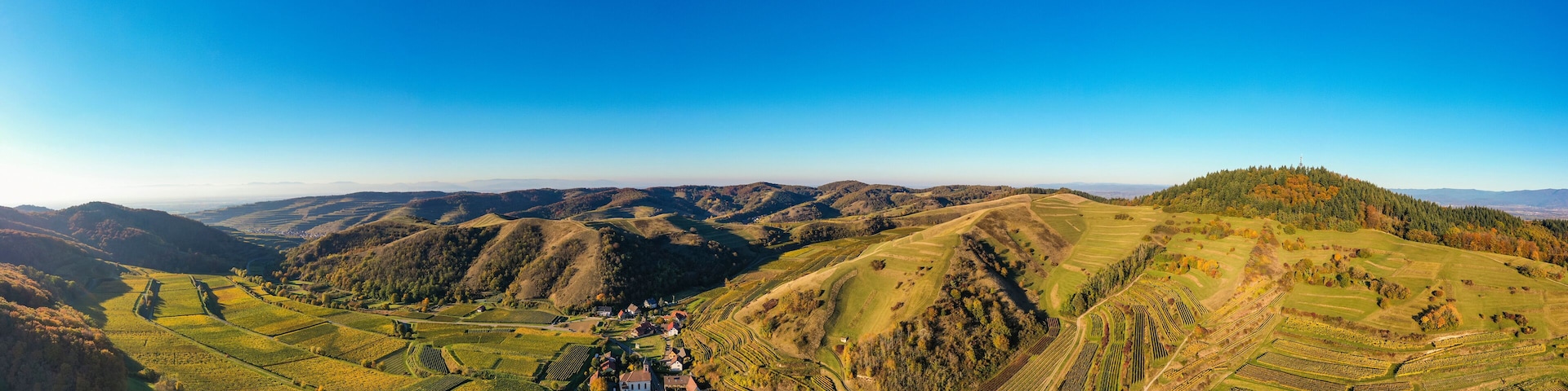 Germany, Baden-Wurttemberg, Vogtsburg im Kaiserstuhl, Aerial panorama of vineyards and volcanic hills of Kaiserstuhl in autumn