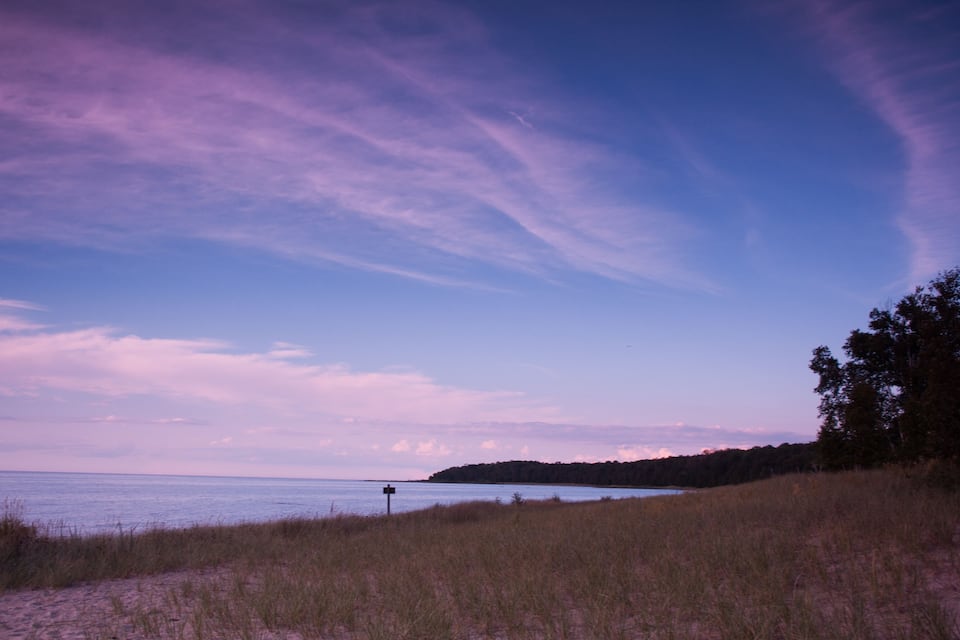 Paesaggio costiero con spiaggia, dune erbose e un pendio boscoso all'orizzonte.