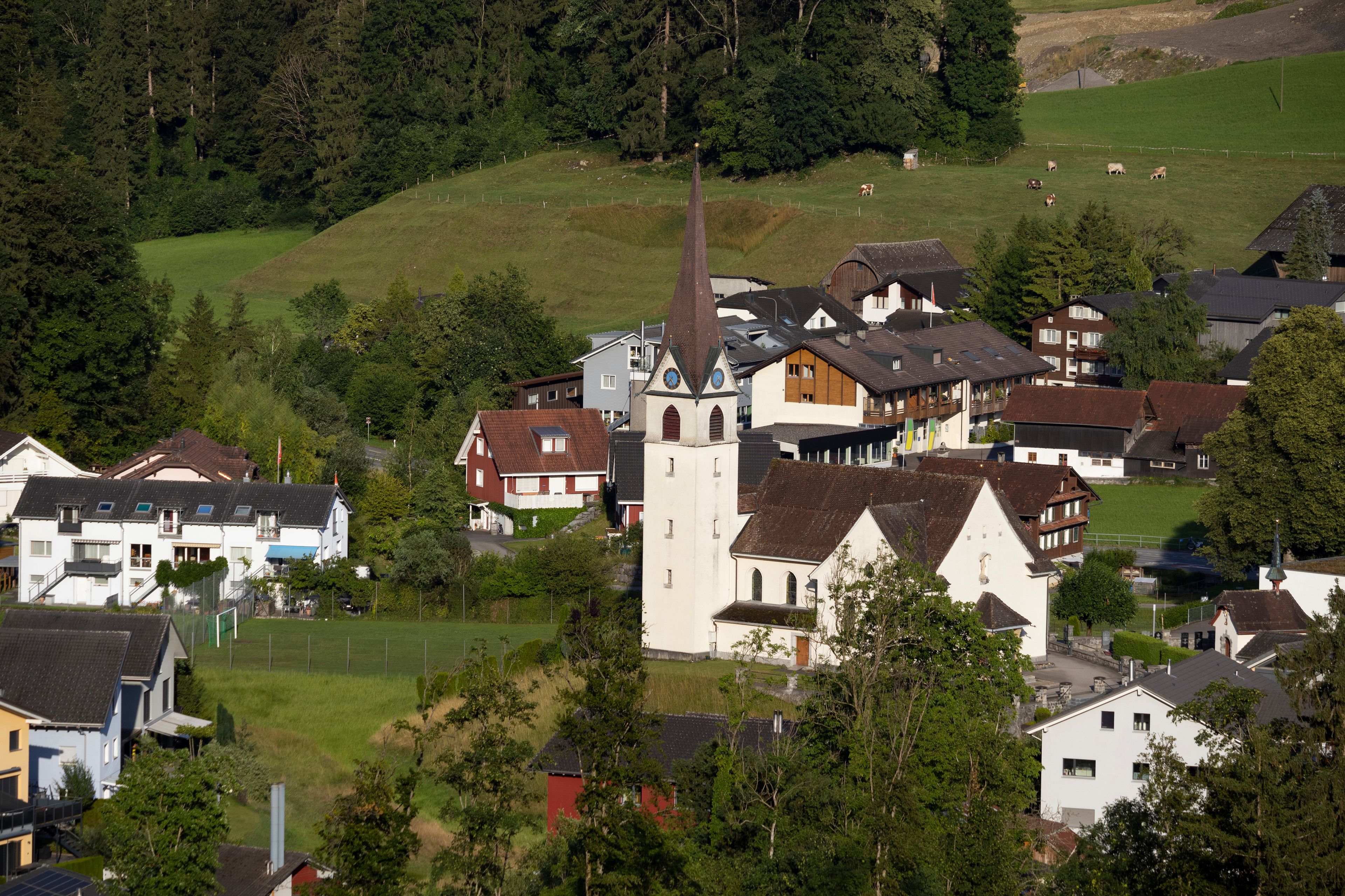 Un village qui se distingue par son église imposante, ses maisons et une colline où paissent des vaches.