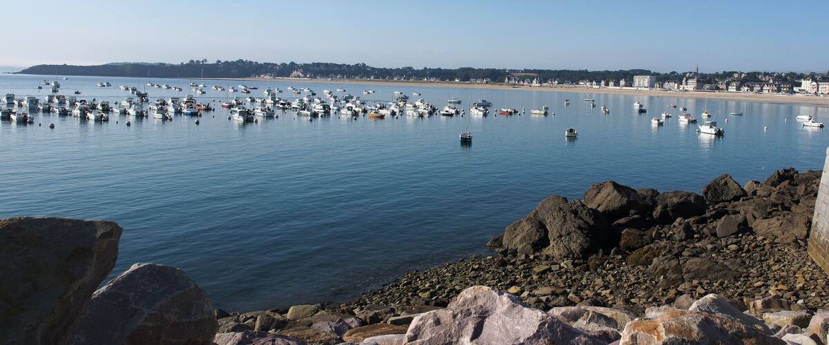A rocky shoreline with numerous boats anchored in calm waters.