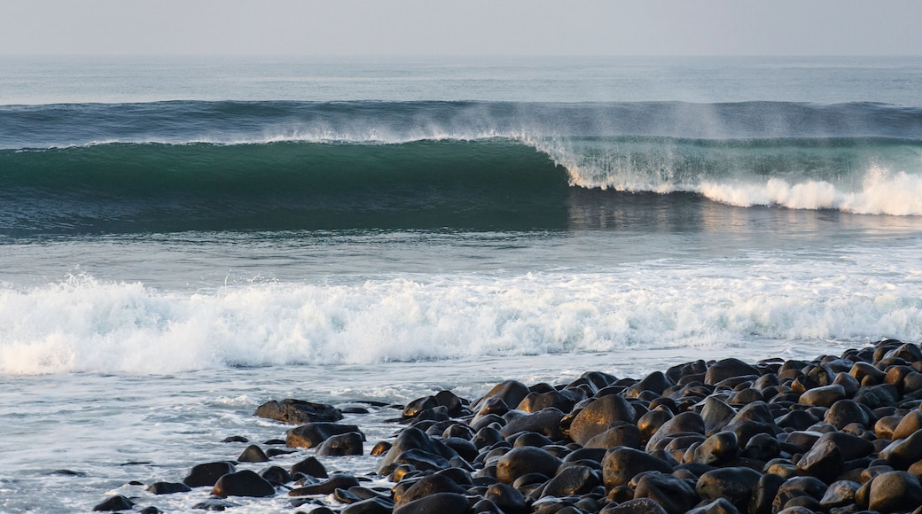 Perfect wave breaking on rocky shore. Punta Mango. El Salvador