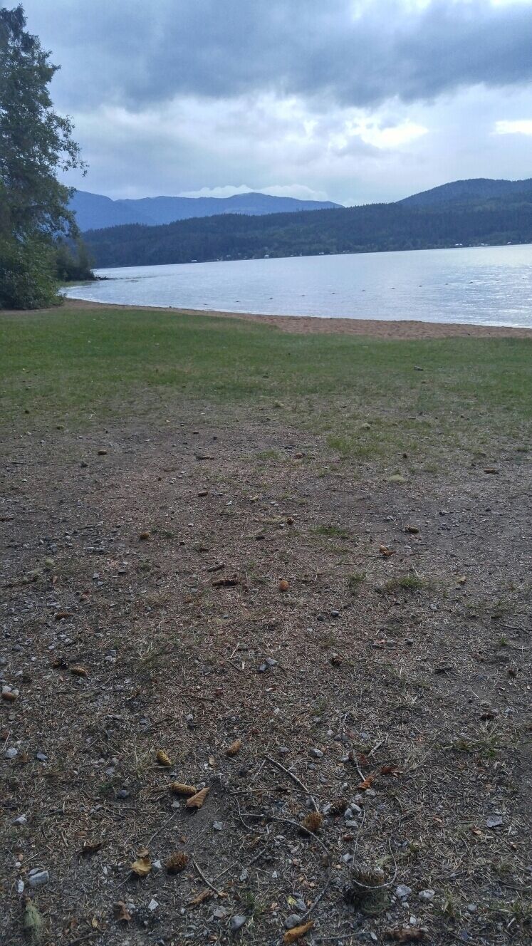 A grassy area with a body of water and mountains in the background.