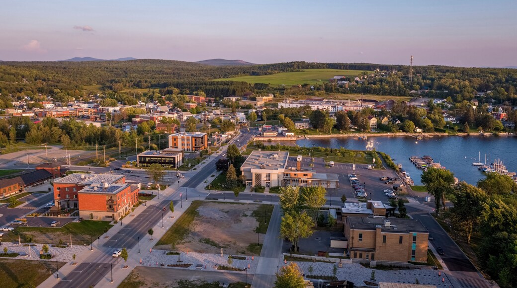 Aerial View of Lac-Megantic, Quebec, Canada on the Shores of a Lake at Sunset