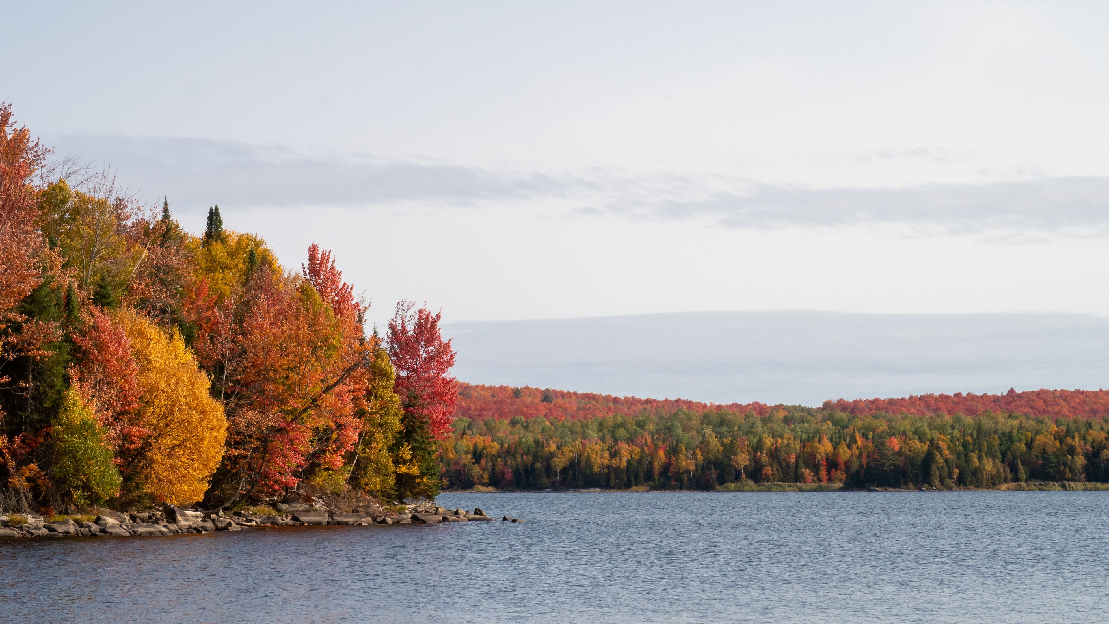 Autumnal view of a peaceful lake in the Frontenac national park, Canada