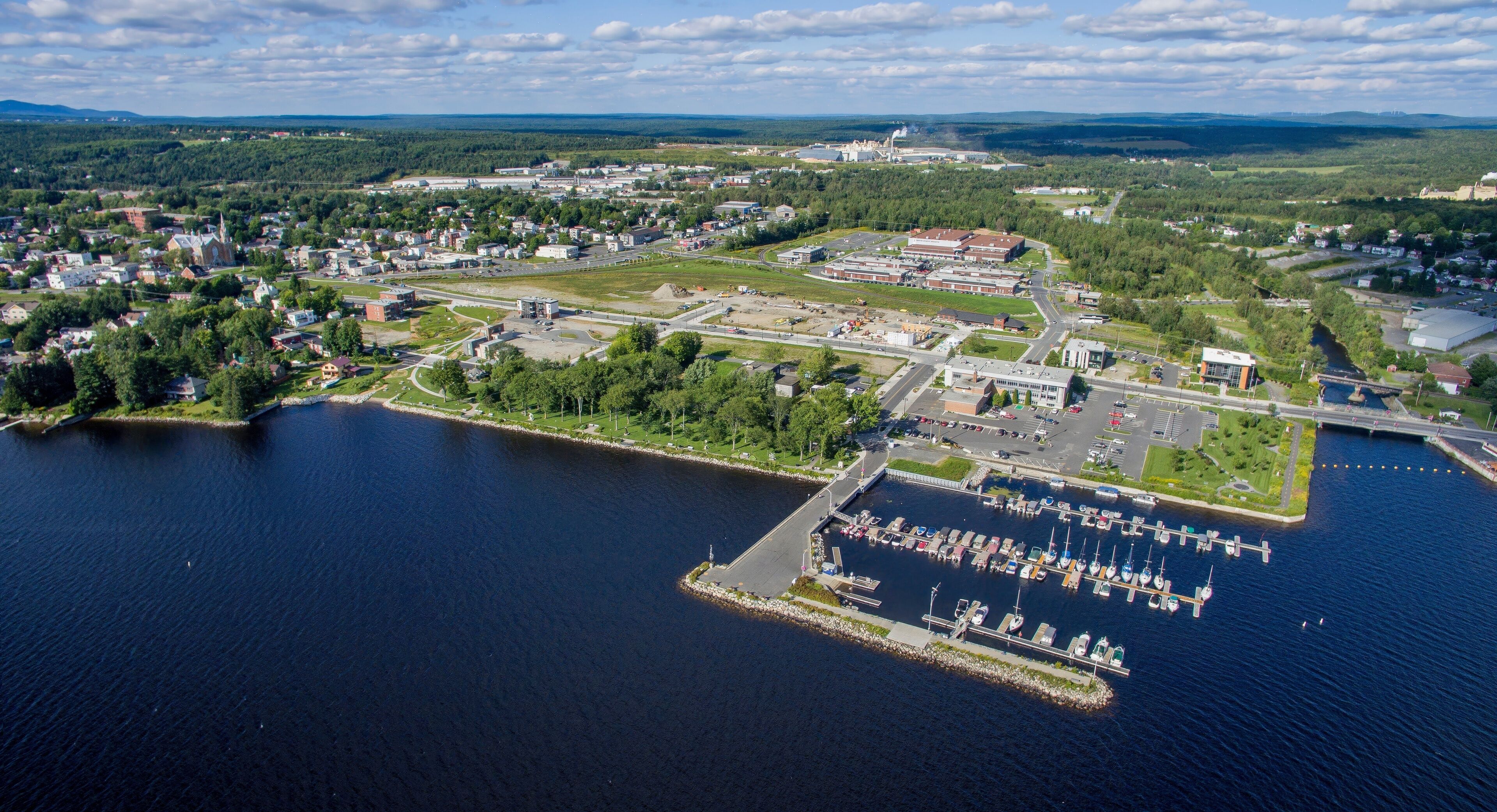 Aerial View of a Lac-Megantic, Quebec, Canada, With Boats Docked on the harbor on a Sunny Day