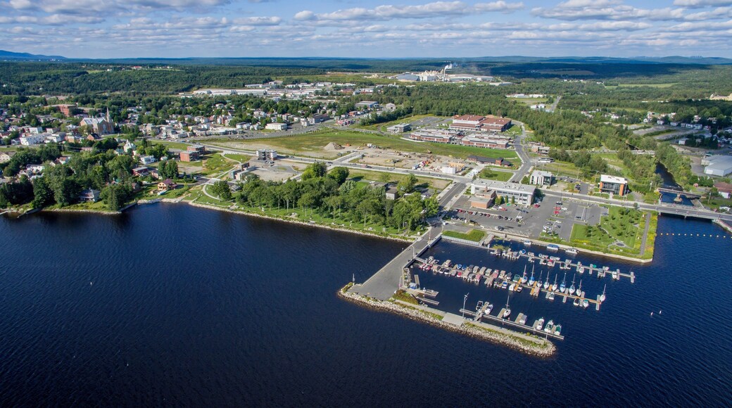 Aerial View of a Lac-Megantic, Quebec, Canada, With Boats Docked on the harbor on a Sunny Day