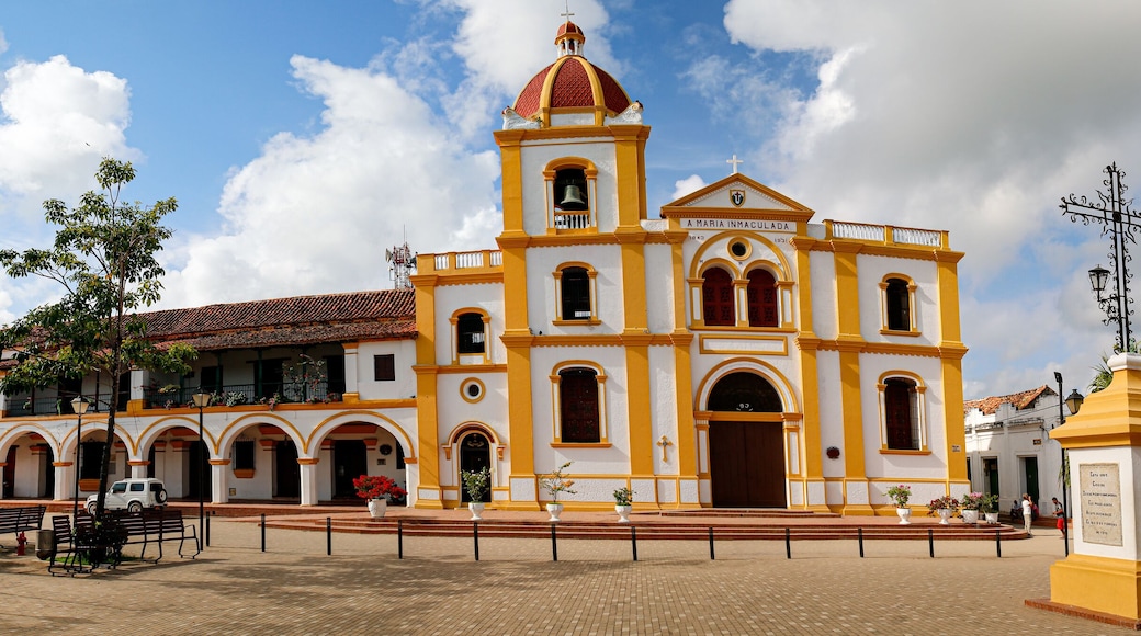 Panorama of Iglesia La Inmaculada Concepcion (church of the Inmaculate Conception), with cross in foreground, Santa Cruz de Mompox, World Heritage