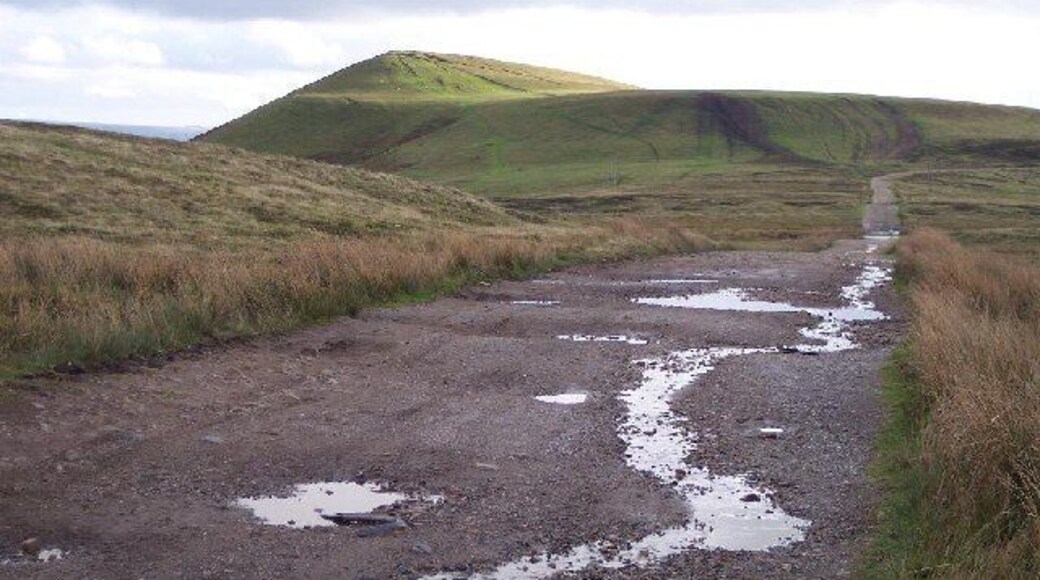 Une route de campagne parsemée de flaques d’eau, bordée de collines verdoyantes et surplombée par un ciel nuageux.