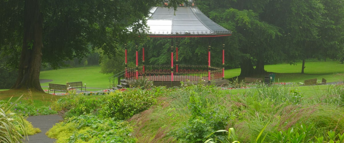 Un jardín de té en un parque, con un camino que lleva a él, rodeado de abundante vegetación y árboles.