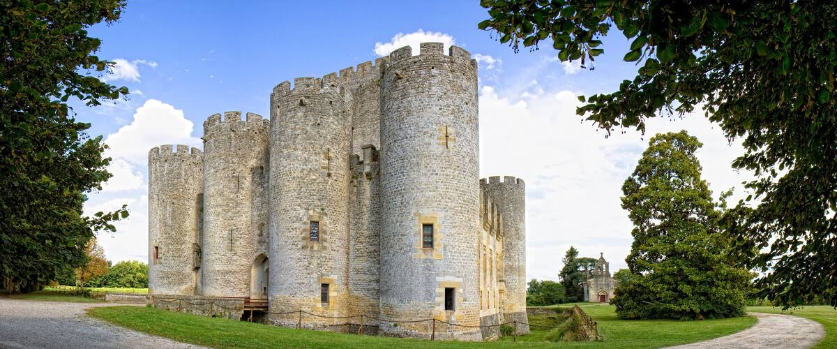 A large stone castle with multiple towers and a surrounding grassy area.