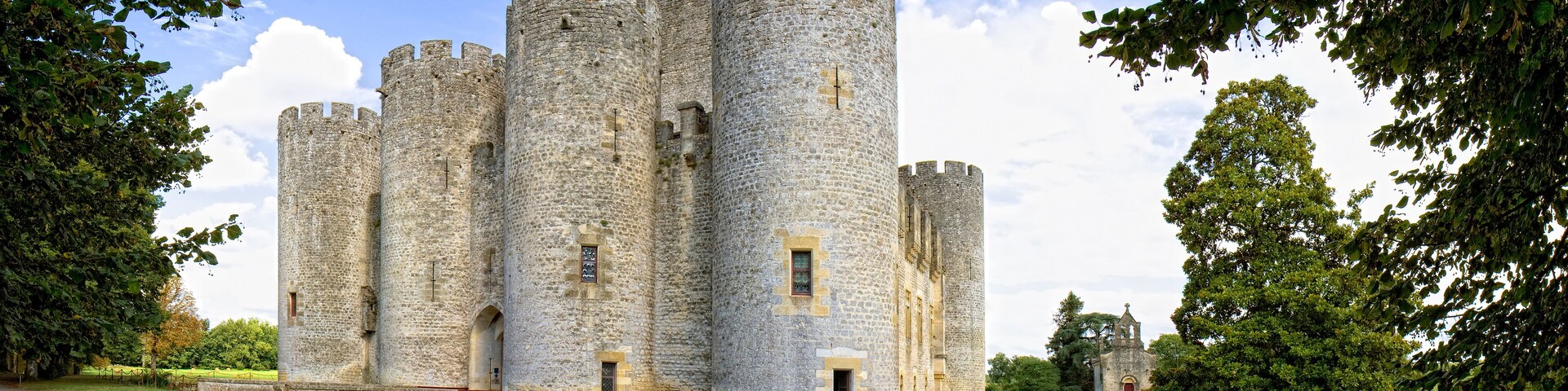 A large stone castle with multiple towers and a surrounding grassy area.
