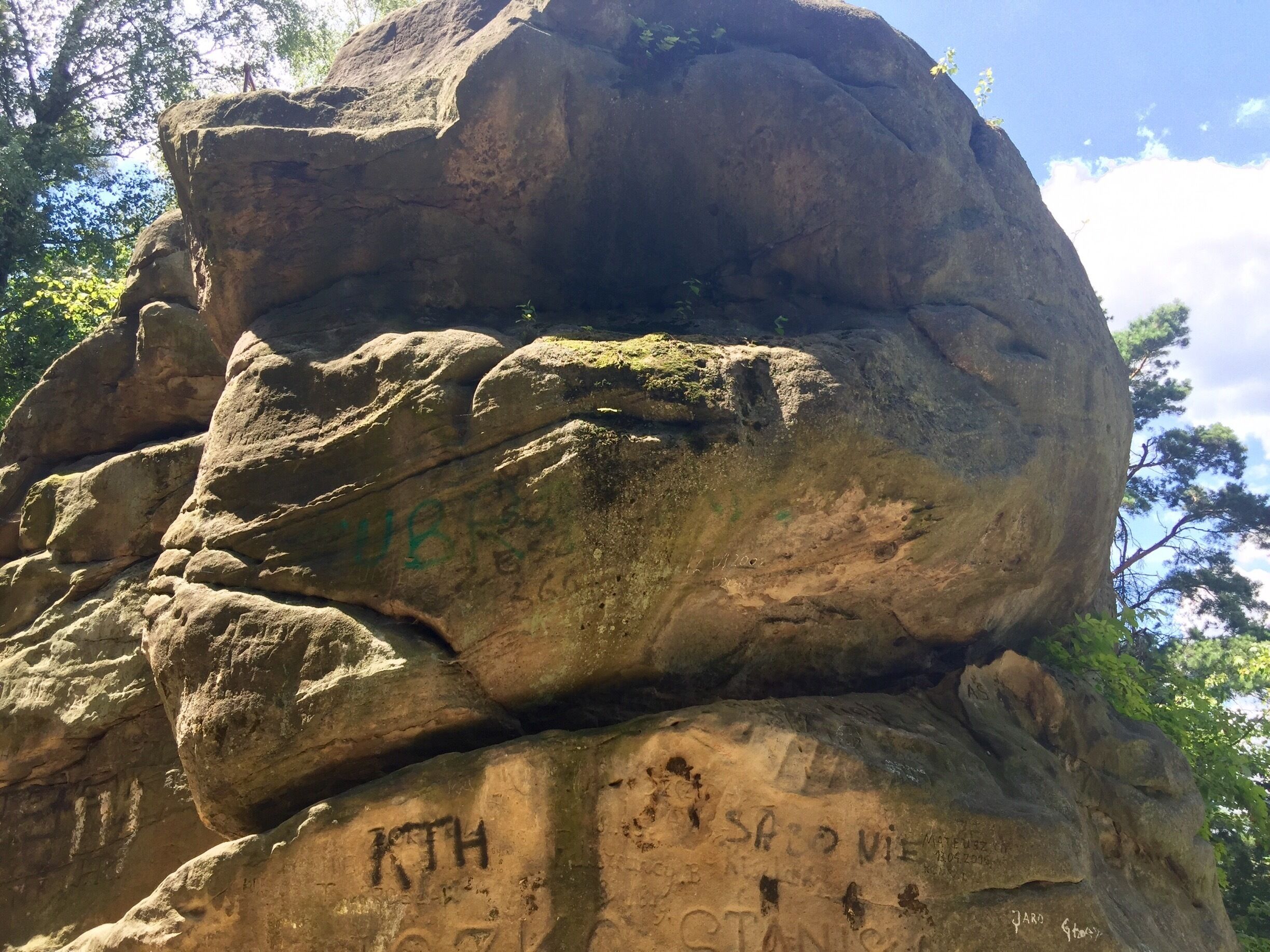 A large rock formation with inscriptions and moss growth.