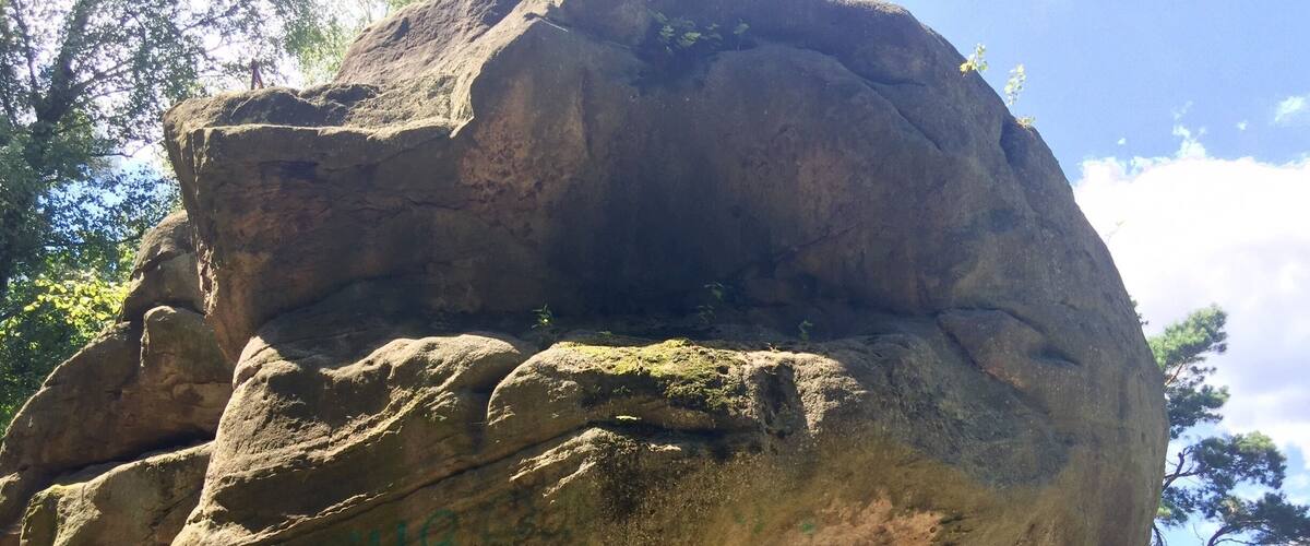 A large rock formation with inscriptions and moss growth.