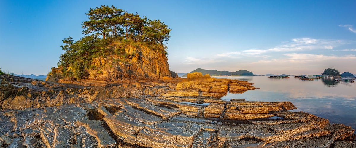 A rocky shoreline with a prominent tree on a cliff, calm water, and distant islands.