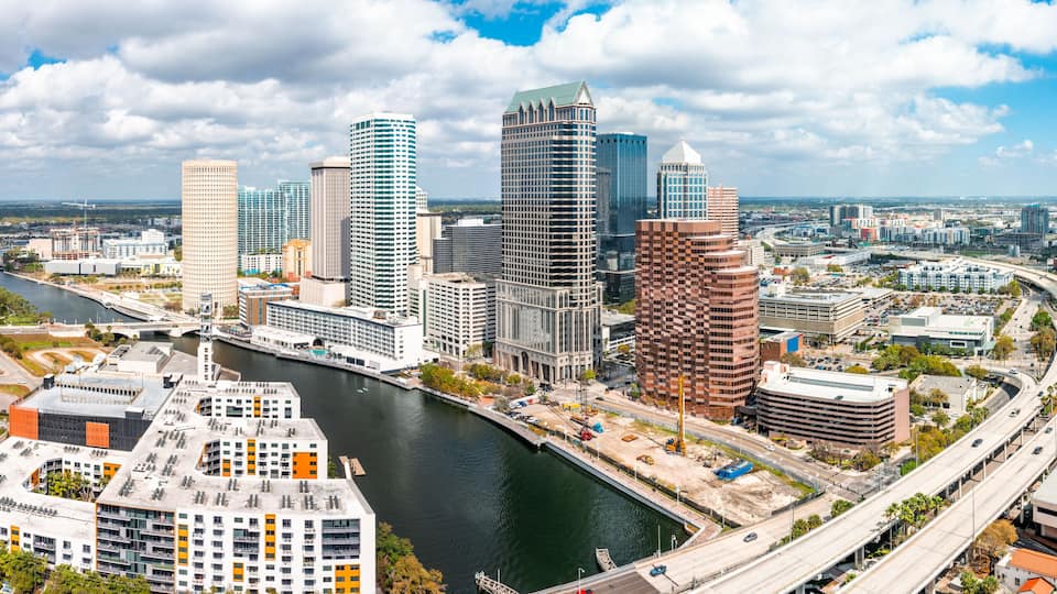 Aerial panorama of Tampa, Florida skyline. Tampa is a city on the Gulf Coast of the U.S. state of Florida.