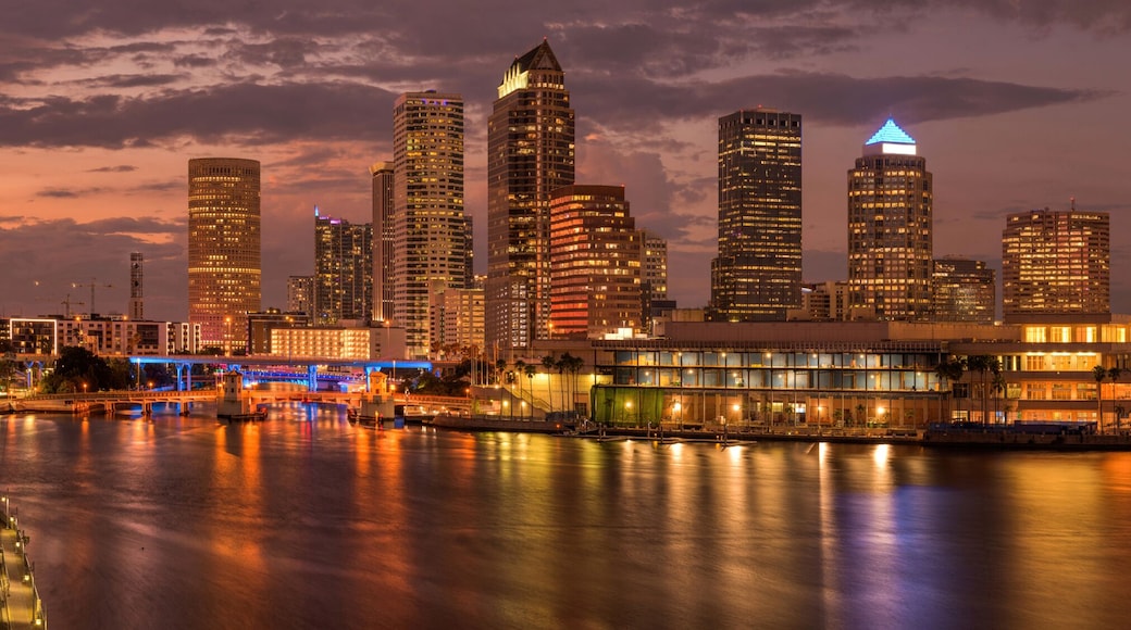 Tampa at Dusk - A panoramic dusk view of waterfront skyline of Tampa Downtown on a calm Summer evening. Florida, USA.