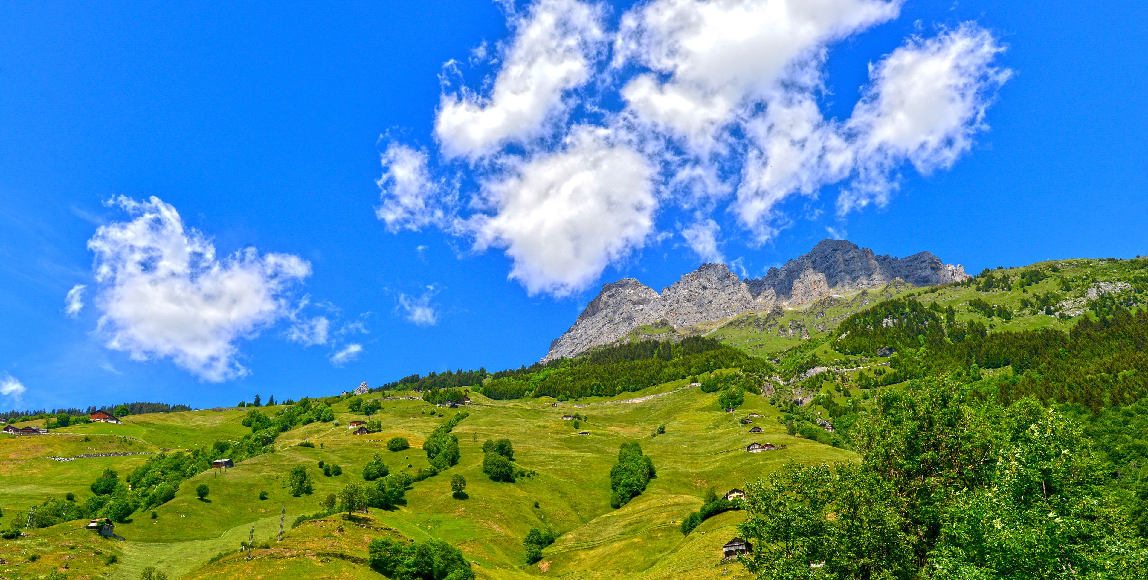 Un paysage montagneux caractérisé par des collines verdoyantes, des arbres dispersés et une chaîne de montagnes rocheuses imposante, le tout sous un ciel bleu dégagé parsemé de quelques nuages.
